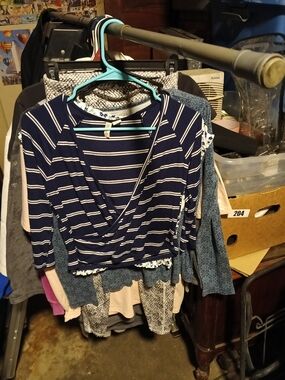 Sky and Sparrow Navy and White Striped Wrap-Front Crew Neck Sweater